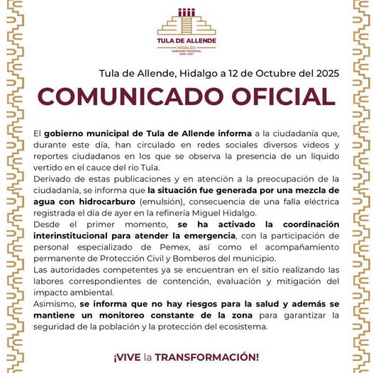 Comunicado Gobierno de Tula de Allende, respecto al líquido vertido en el Río Tula