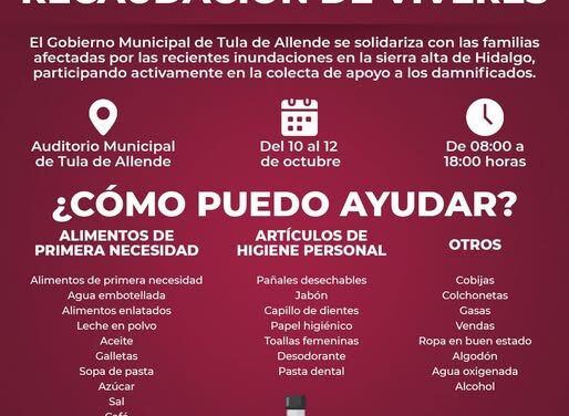 Gobierno de Tula habilita centro de acopio en apoyo a los afectados por las lluvias en la Sierra Alta de Hidalgo