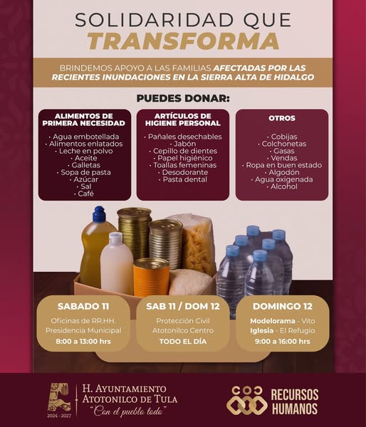 El gobierno de Atotonilco de Tula invita a sumarse a la colecta en apoyo a las familias afectadas por las lluvias en Hidalgo