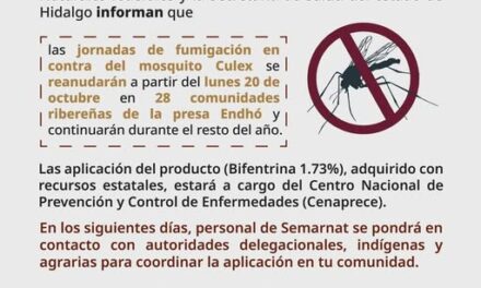 Reanudarán jornadas de fumigación en contra del mosquito Culex en las localidades ribereñas de la Presa Endhó