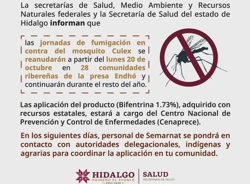 Reanudarán jornadas de fumigación en contra del mosquito Culex en las localidades ribereñas de la Presa Endhó