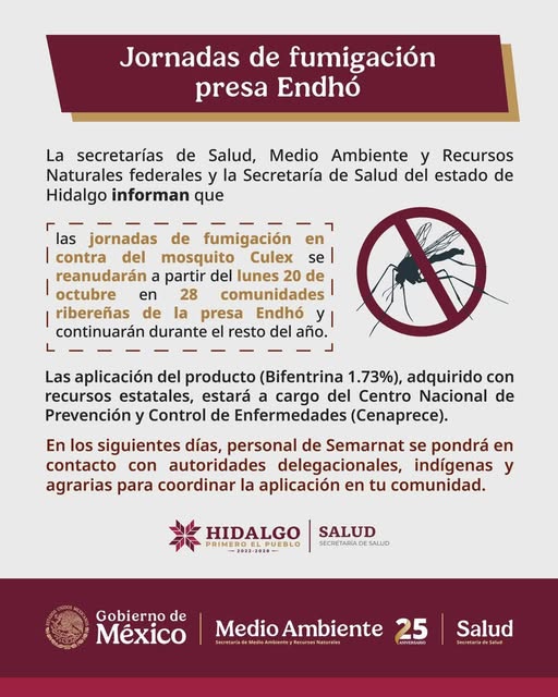 Reanudarán jornadas de fumigación en contra del mosquito Culex en las localidades ribereñas de la Presa Endhó