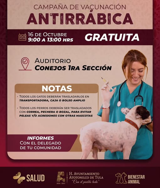 Mañana habrá Campaña de Vacunación Antirrábica en Conejos 1ra. Sección.