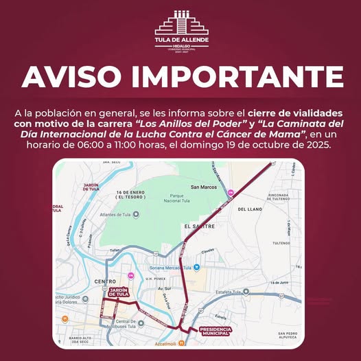 Cerrarán vailidades en Tula por carrera y caminata