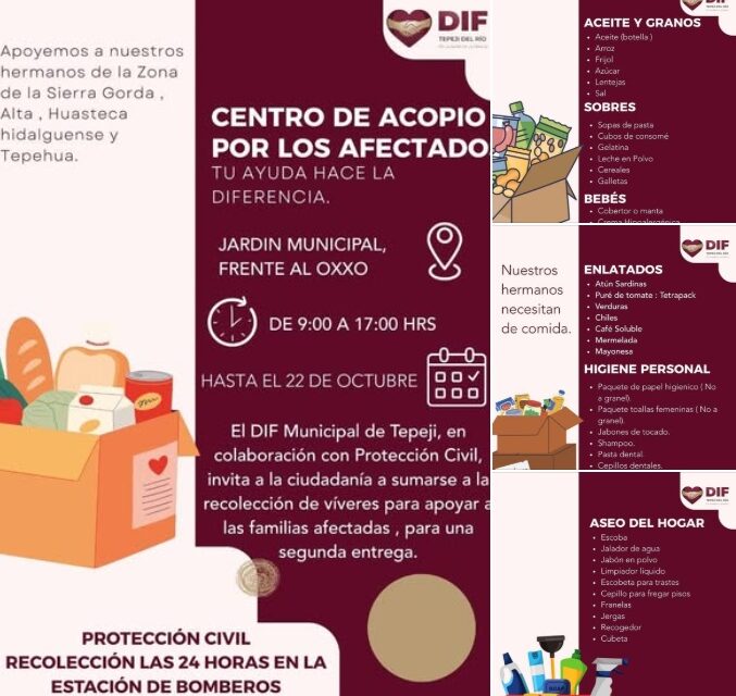 DIF Tepeji continúa recolectando víveres en apoyo a nuestros hermanos de la sierra