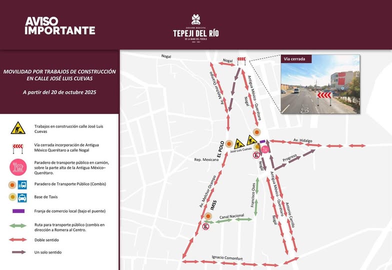 Cerrarán vialidad por obra en Tepeji del Río, conoce las vías alternas