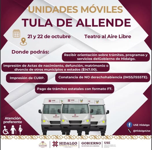 Las Unidades Móviles estarán en Tula de Allende brindando servicios al alcance de todos