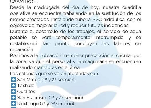 La Comisión de Agua de Tepeji del Río emite el siguiente comunidado.