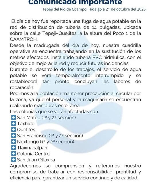 La Comisión de Agua de Tepeji del Río emite el siguiente comunidado.