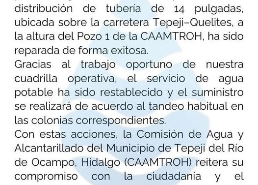 Comunicado emitido por la Comisión de Agua de Tepeji