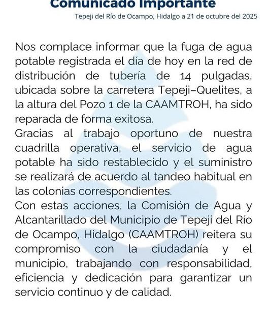 Comunicado emitido por la Comisión de Agua de Tepeji