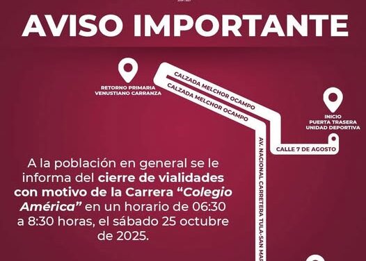 Cerrarán vialidades en Tula de Allende por carrera atlética