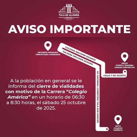 Cerrarán vialidades en Tula de Allende por carrera atlética