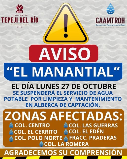 Suspenden servicio de agua potable por trabajos de mantenimiento en «el manantial» de Tianguistengo
