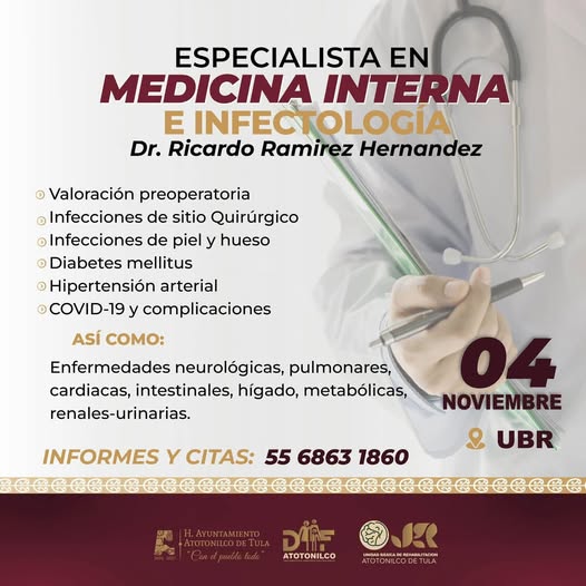 Aprovecha las consultas con especialista en Medicina Interna e Infectología en el DIF de Atotonilco de Tula