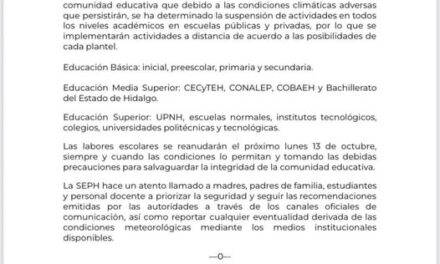 Suspenden clases en Hidalgo por lluvias