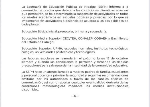Suspenden clases en Hidalgo por lluvias