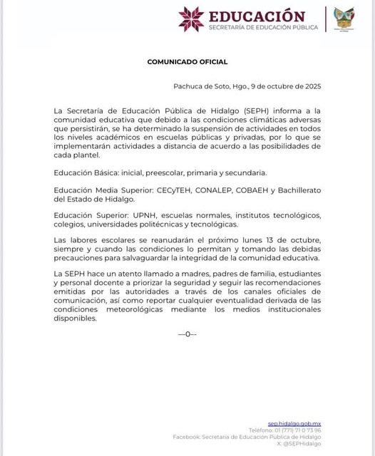 Suspenden clases en Hidalgo por lluvias