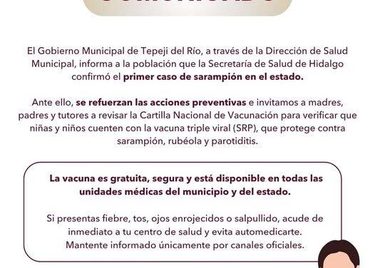 La Secretaría de Salud de Hidalgo confirmó el primer caso de sarampión en el estado.