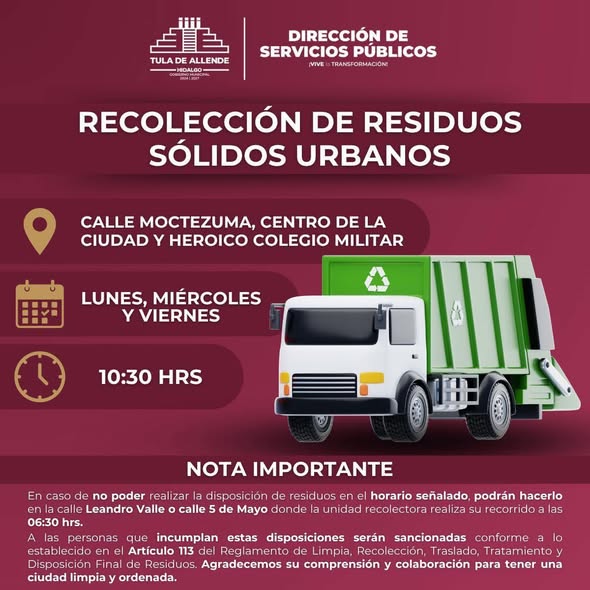 AVISO IMPORTANTE A LA POBLACIÓN TULENSE SOBRE LA RECOLECCIÓN DE RESIDUOS SÓLIDOS URBANOS