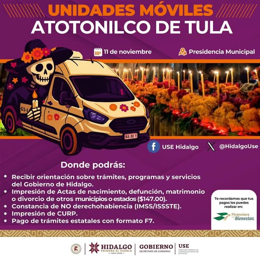 Las 𝗨𝗻𝗶𝗱𝗮𝗱𝗲𝘀 𝗠𝗼́𝘃𝗶𝗹𝗲𝘀 estarán dando servicio en 𝗔𝘁𝗼𝘁𝗼𝗻𝗶𝗹𝗰𝗼 𝗱𝗲 𝗧𝘂𝗹𝗮