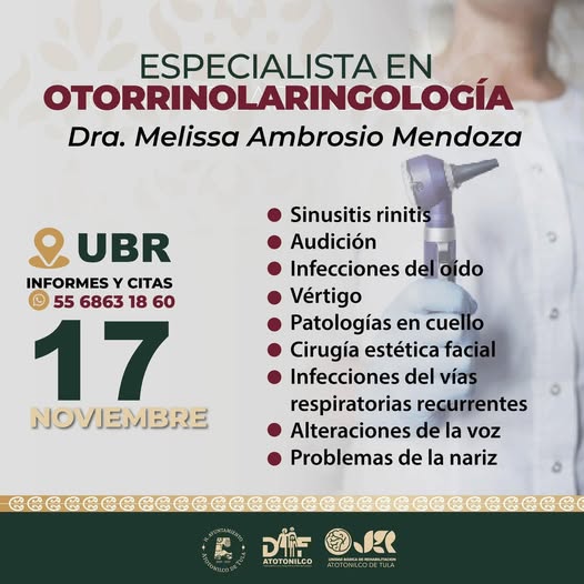 Especialista en Otorrinolaringología dará consultas en Atotonilco de Tula