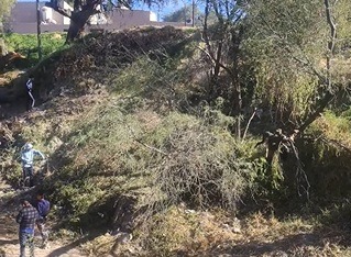 Faena comunitaria en la calle Luis Donaldo, colonia Tlaxinacalpan