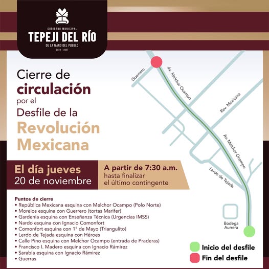 Habrá cierres a la circulación por desfile en Tepeji