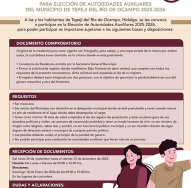 Continúa abierta la convocatoria para el cambio de Autoridades Auxiliares en Tepeji del Río