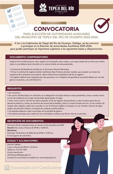 Invitan a las y los tepejanos a participar en la Elección de Autoridades Auxiliares 2025 – 2026
