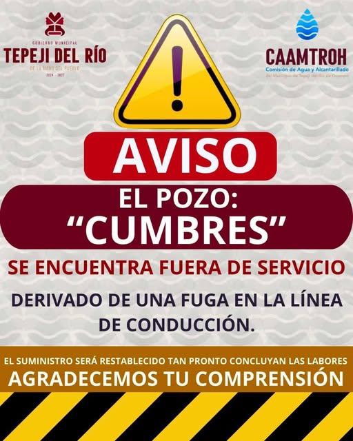 La Comisión de Agua de Tepeji emite el siguiente comunicado