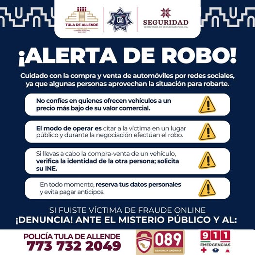 Seguridad Pública de Tula emite recomendaciones para la compra y venta de vehículos a través de las redes sociales