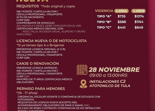 Este 28 de noviembre tramita tu licencia de conducir en Atotonilco de Tula