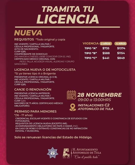 Este 28 de noviembre tramita tu licencia de conducir en Atotonilco de Tula