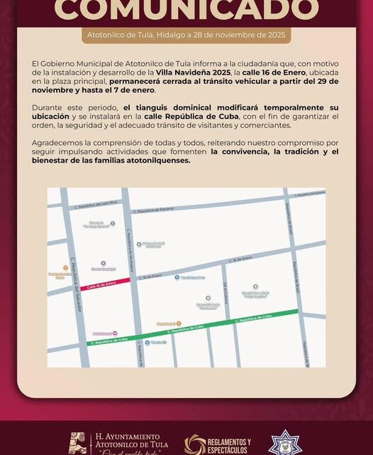 Cerrarán vialidades en Atotonilco de Tula por instalación de villa navideña