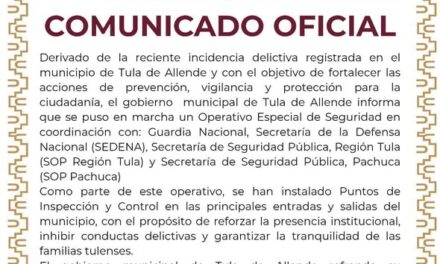 El gobierno municipal de Tula de Allende emite el siguiente comunicado