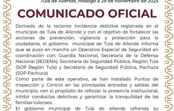El gobierno municipal de Tula de Allende emite el siguiente comunicado