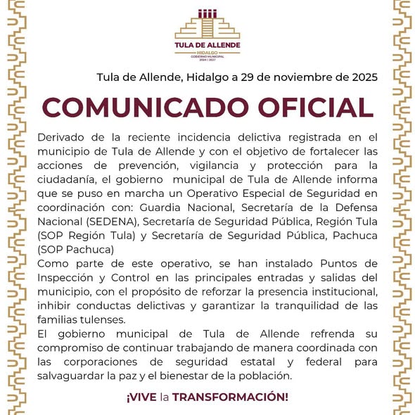 El gobierno municipal de Tula de Allende emite el siguiente comunicado