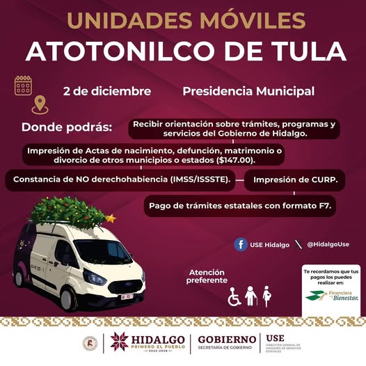 Las Unidades Móviles del Gobierno de Hidalgo estarán dando servicio en la alcaldía de Atotonilco de Tula