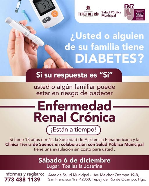 Realizarán evaluación en contra de la Diabetes y Enfermedad Crónica Renal en Tepeji del Río