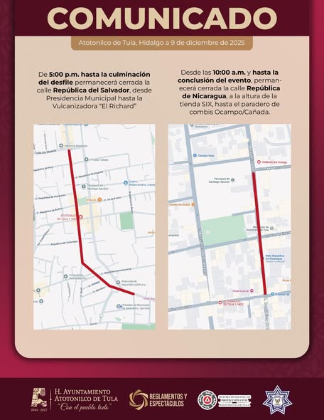 Habrá cierre de vialidades en Atotonilco de Tula por Desfile Navideño