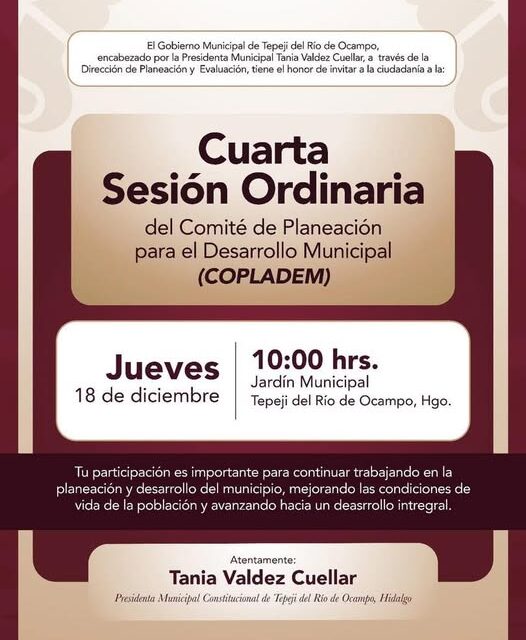 Invitan a participar en la Cuarta Sesión Ordinaria del Comité para el Desarrollo Municipal de Tepeji del Río