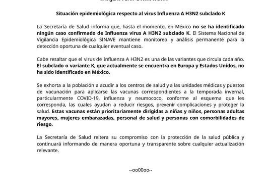 Situación epidemiológica respecto al virus Influenza A H3N2 subclado K