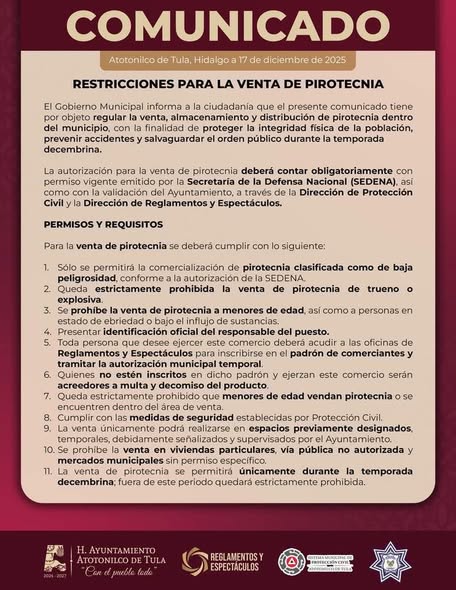 Restricciones para la venta de pirotecnia en Atotonilco de Tula