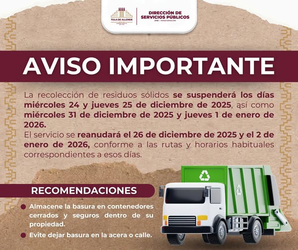 Se suspenderá el servicio de recolección de residuos sólidos en Tula de Allende
