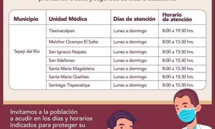 El Gobierno Municipal Tepeji del Río, informa los horarios establecidos de vacunación.