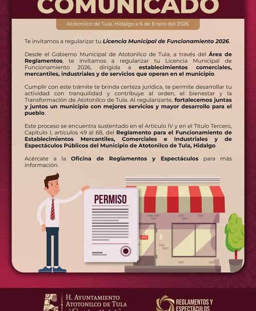 El gobierno de Atotonilco de Tula invita a regularizar la Licencia Municipal de Funcionamiento