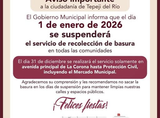 El 1 de enero suspenderán recolección de residuos sólidos en Tepeji