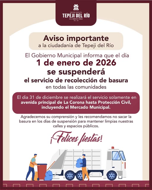El 1 de enero suspenderán recolección de residuos sólidos en Tepeji