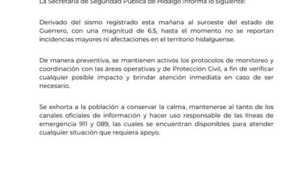 La Secretaría de Seguridad Pública de Hidalgo informa lo siguiente: